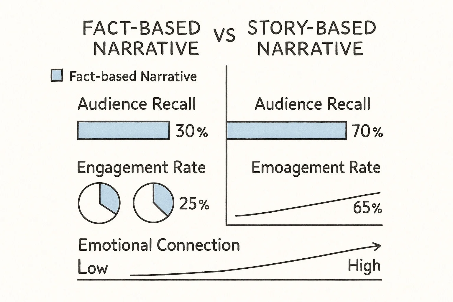 رسم بياني يقارن السرد القائم على الحقائق مقابل السرد القائم على القصة في مقاييس مثل تذكر الجمهور، ومعدل التفاعل، والاتصال العاطفي.