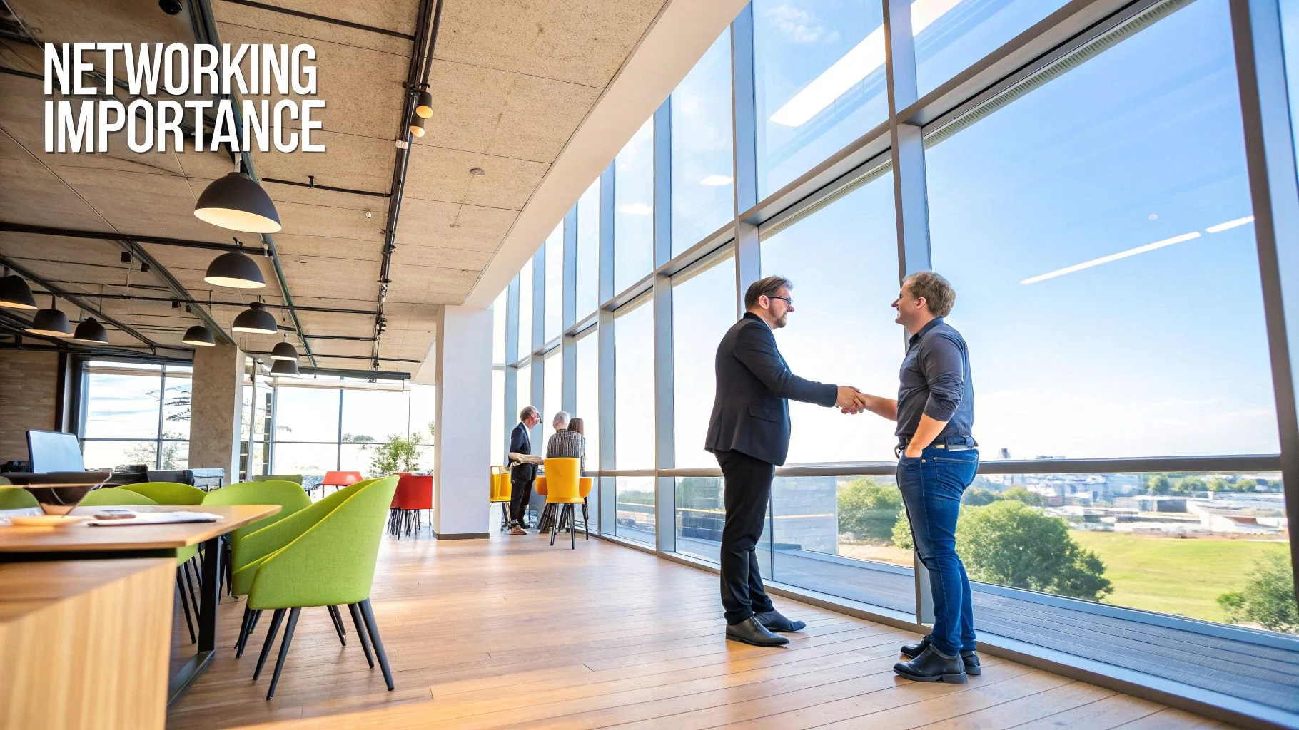 Группа разных профессионалов беседует в современном офисном помещении, иллюстрируя сильную профессиональную сеть.