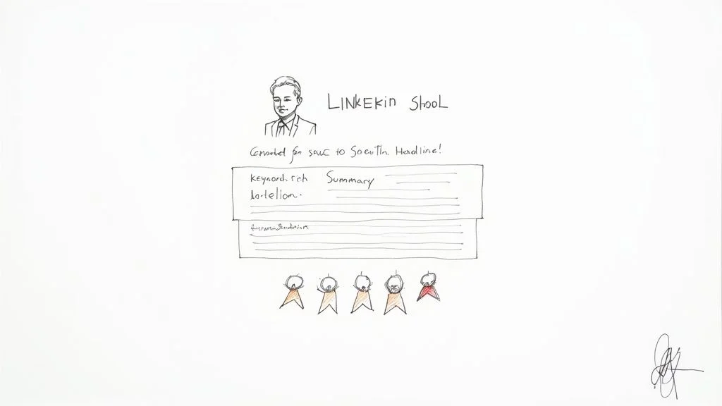 A professional woman optimizing her LinkedIn profile on a laptop in a modern office.