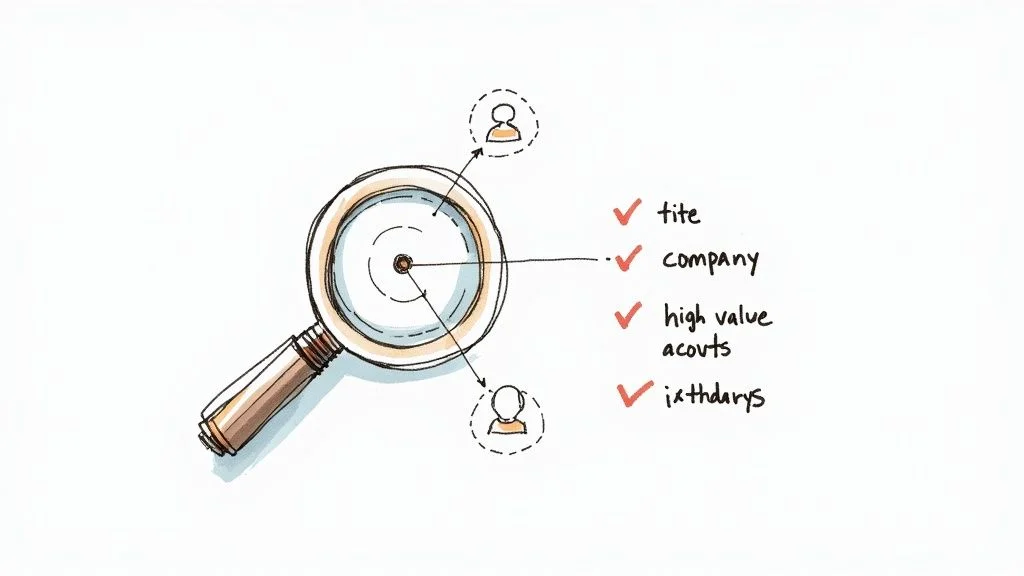 A magnifying glass hovering over a network of professional icons, symbolizing targeted search.