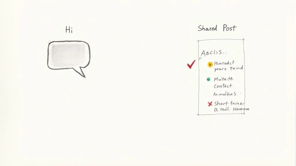 A person's hands typing a personalized connection request on a laptop keyboard.