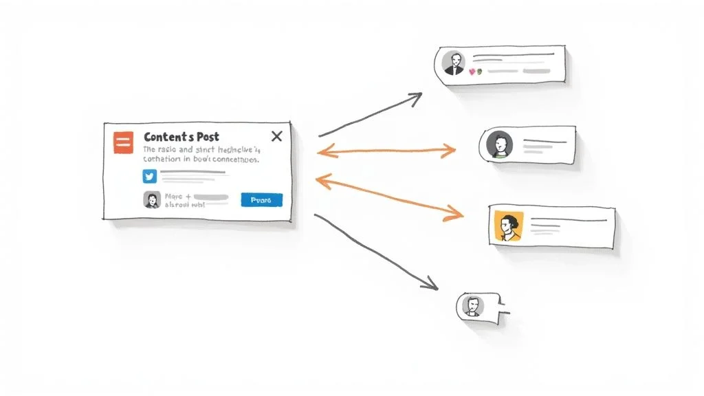A person sharing valuable content on a laptop, with network icons expanding around them.
