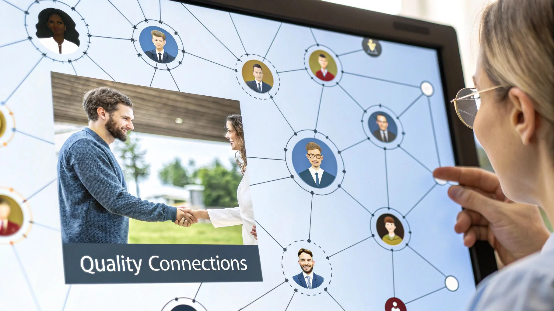 Profissionais se conectando e fazendo networking em um ambiente de escritório moderno