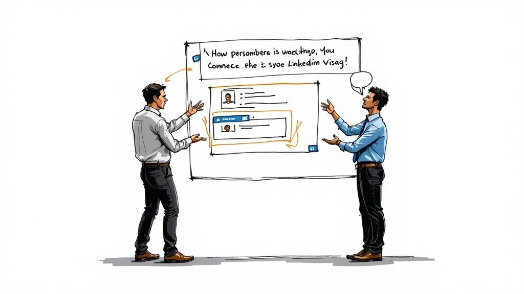 A person's hands typing a personalized connection request on a laptop, with the LinkedIn interface visible.