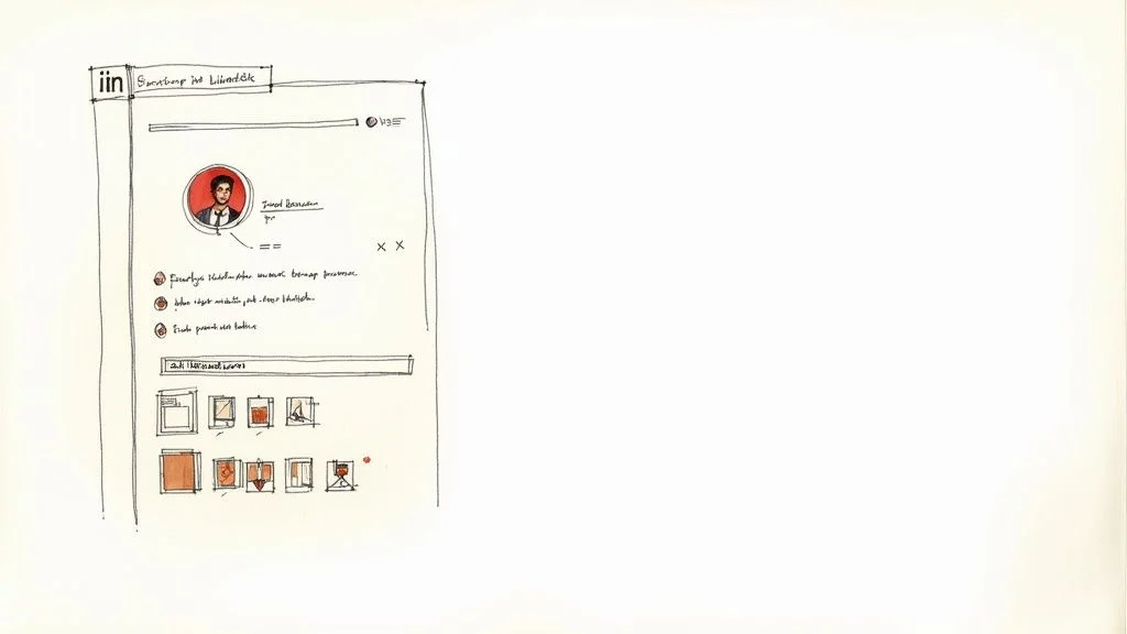 Eine professionelle Frau optimiert ihr LinkedIn-Profil auf einem Laptop, mit grafischen Überlagerungen von Profilelementen wie einem Profilbild und einer Überschrift.