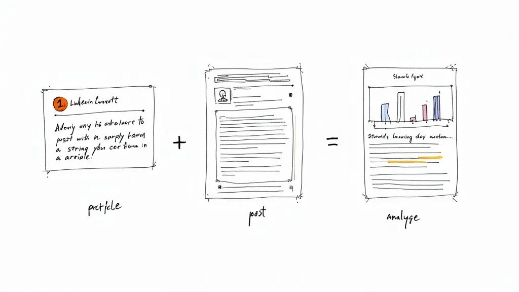 Eine Person brainstormt Content-Ideen auf einem Whiteboard mit Haftnotizen und Skizzen.