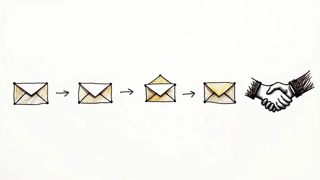 Eine Abfolge miteinander verbundener Knoten auf einem Bildschirm, die einen strategischen LinkedIn-Follow-up-Plan darstellt.