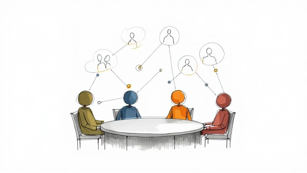 Une personne assise à un bureau et pointant un tableau de bord d'analyse des réseaux sociaux sur son ordinateur.