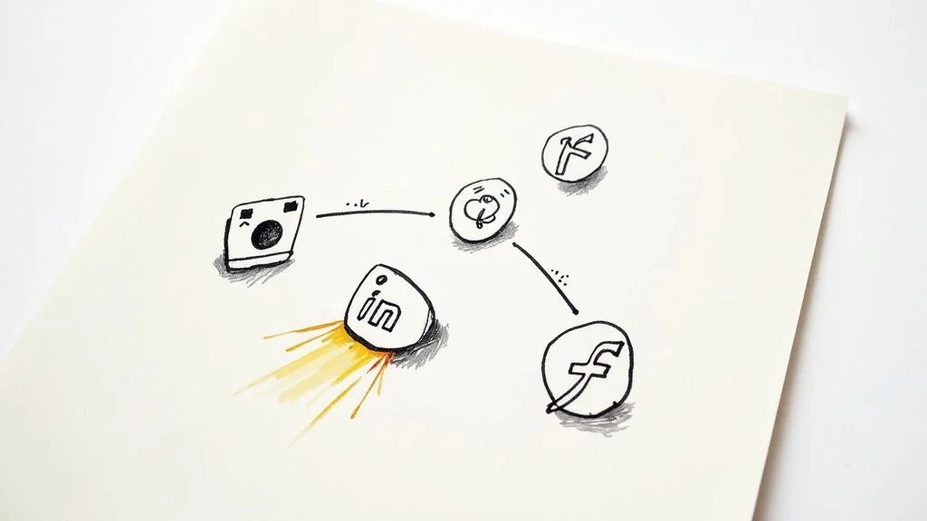 Une personne tenant un smartphone avec diverses icônes d'applications de réseaux sociaux flottant autour.