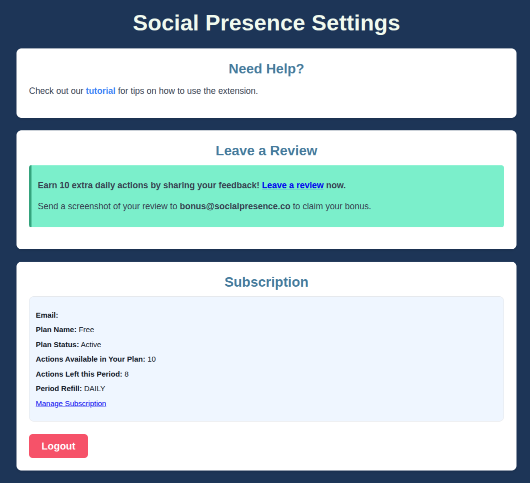 Settings and subscription management